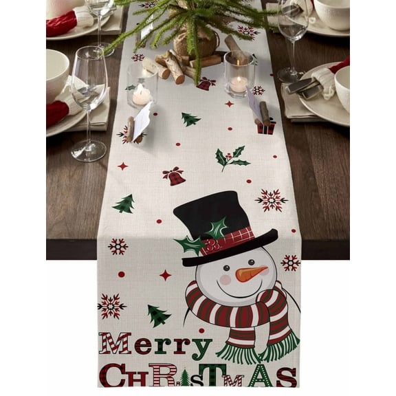 Christmas Table Runner Snowman Pine Tree Berry Table Runners Snowflake Cotton Linen Dresser Scarf Kitchen Dining Table Decor for Christmas Holiday Party Decor 13x90 Inch