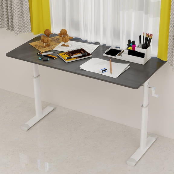 47" Height-Adjustable Desk for Kids & Adults - Manual Crank Computer Desk, Ergonomic Office & Writing Desk, White Frame Grey Top