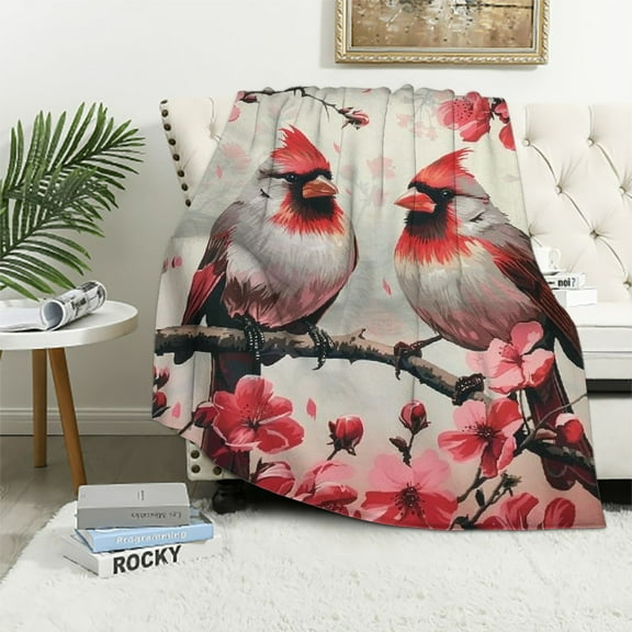 Orinice Red Cardinal Flower Branch Blanket Gifts for Women Pink Floral Birds Flannel Throw Blankets Soft Comfy Lightweight for Home Decor Couch Bed Sofa 60x50 Inches 40x50in