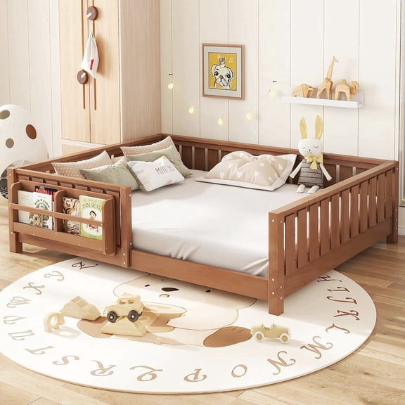 Bellemave Queen Size Floor Bed with Bookshelf, Wood Montessori Beds with Slats and Safety Guardrail, Low Profile Queen Bed Frame with Fence, No Box Spring Needed (Dark Natural)