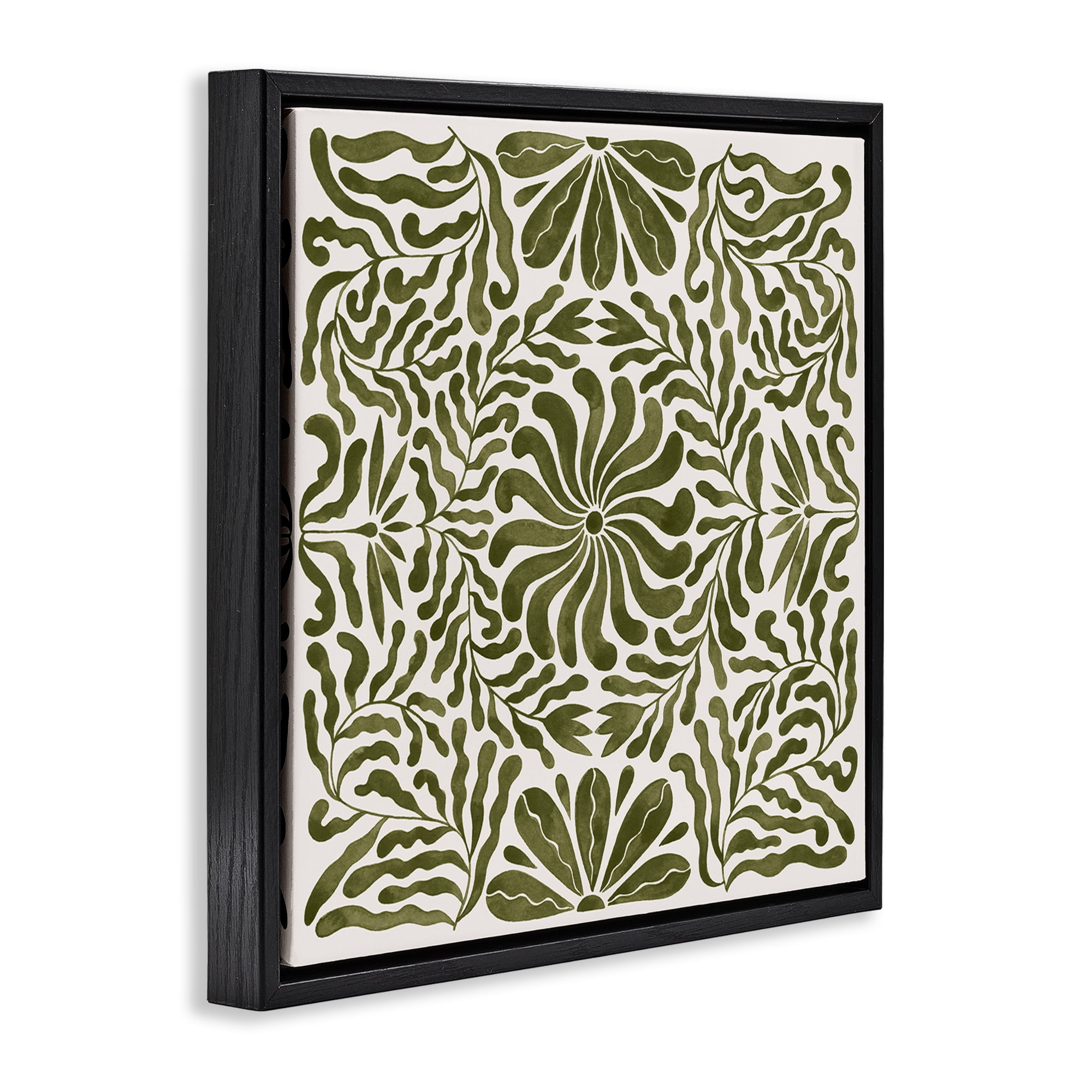 Stupell Industries Symmetric Flower Pattern Abstract Painting Black Floater Framed Canvas Art Print Wall Art, 25 x 25