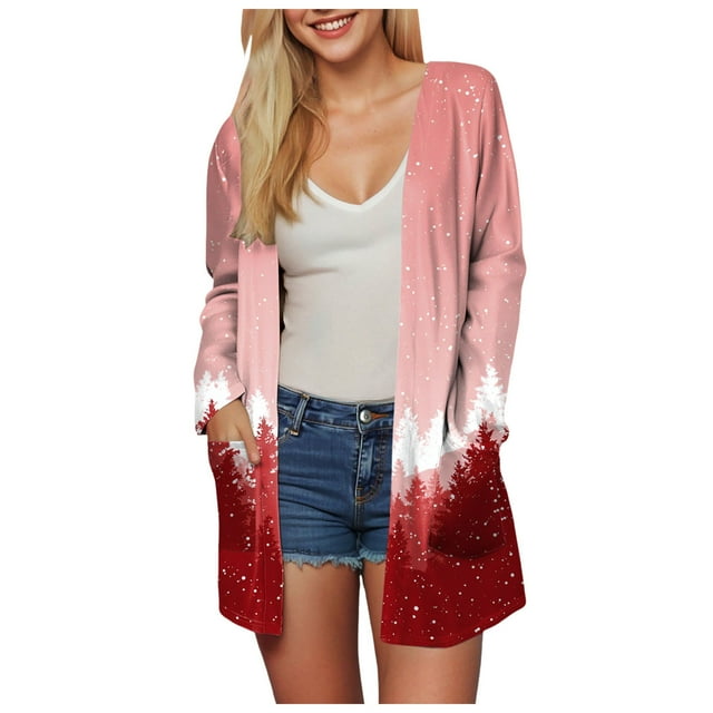 WUANDIXFA Chandails pour Femmes Cardigans Femmes Cardigan à Imprimé de Noël avec Poche Cardigan à Manches Longues Longueur Midi Cardigan Décontracté Rose,G