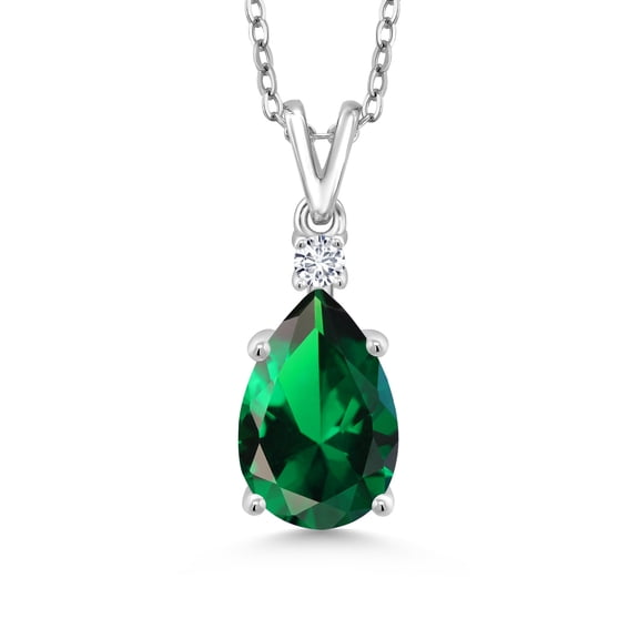Gem Stone King 925 Sterling Silver Green Nano Emerald and White Lab Grown Diamond Teardrop Pendant Necklace for Women | 2.51 Cttw | Pear Shape 12X8MM | with 18 inch Silver Chain