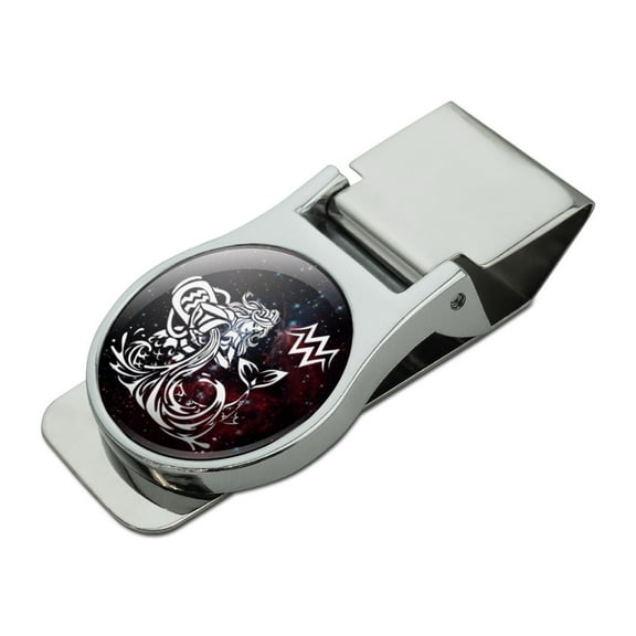 Aquarius Water-Bearer Zodiac Sign Horoscope in Space Satin Chrome Plated Metal Money Clip