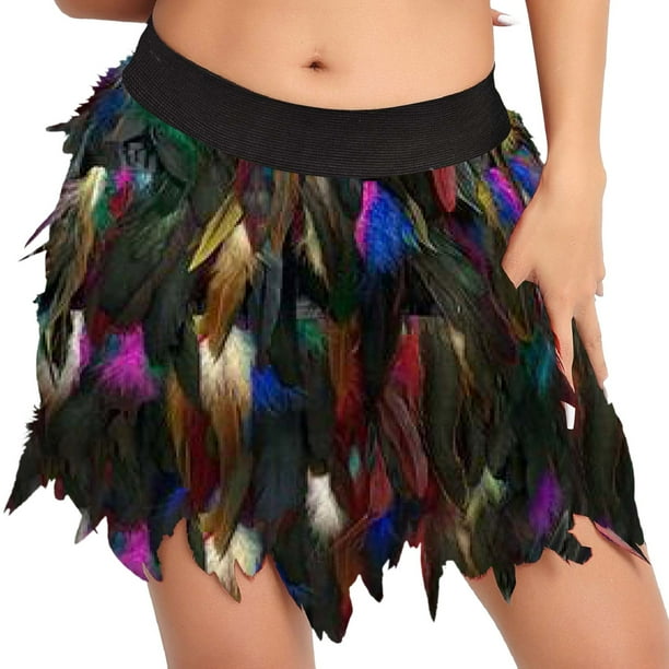 Gibobby faldas de lentejuelas para mujer Falda corta de medio cuerpo con plumas para mujer, ropa para el escenario europea y americana(Azul marino, XL)
