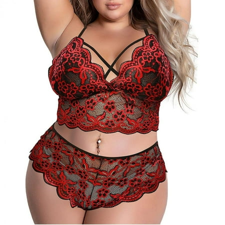 USSUMA Lingerie for Women  Women s Plus Size Sexy Lace Wireless Bra Lingerie Sleepwear Pajamas Underwear Set on Red XXXXL