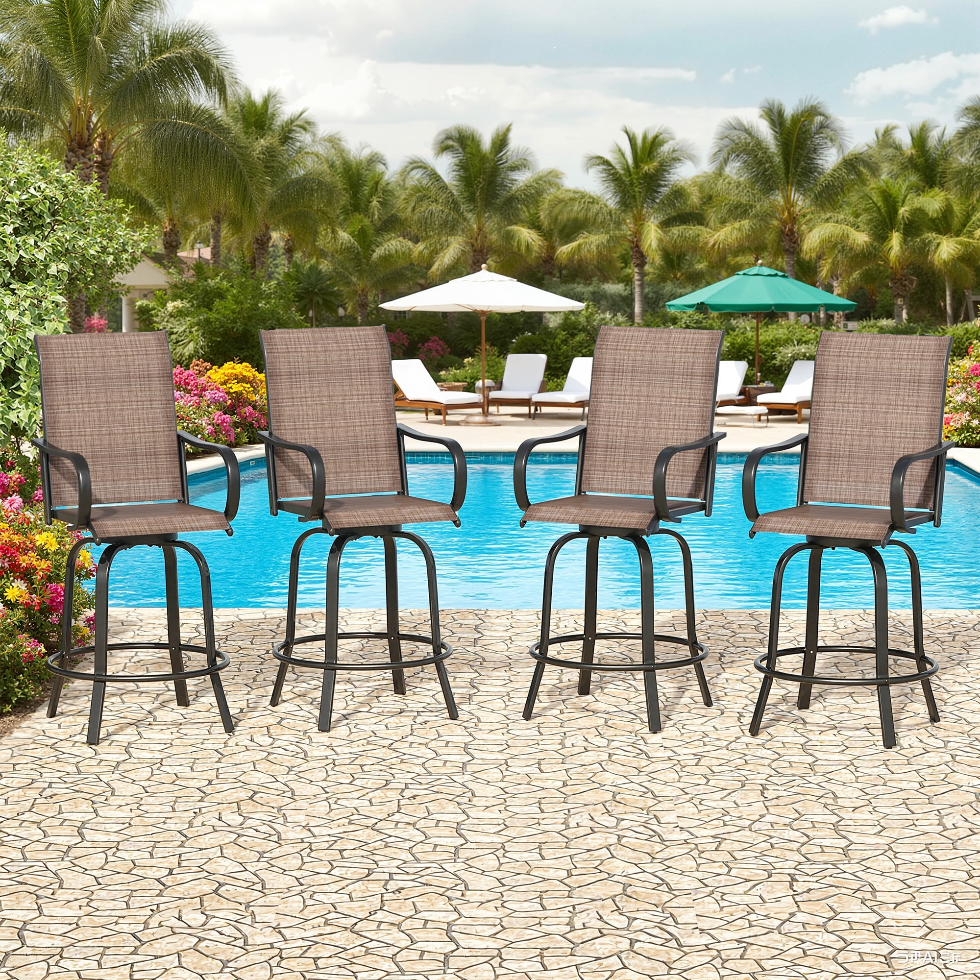 MAYEERTY 2-Piece Outdoor Bar Height Tall Stools Set,Textilene,360°Swivel, Ergonomic for Balcony, Brown