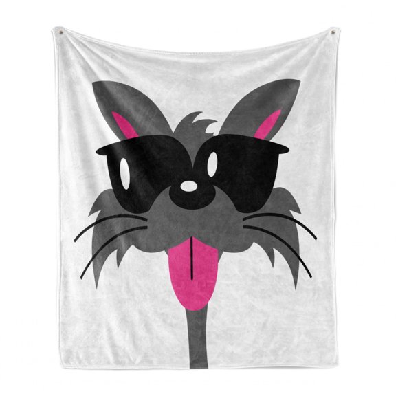 Sunglasses Soft Flannel Fleece Blanket, Portrait Design of a Single Cat with His Tongue Out Long Whiskers, Cozy Plush for Indoor and Outdoor Use, 60" x 80", Dark Grey White and Pink, by Ambesonne