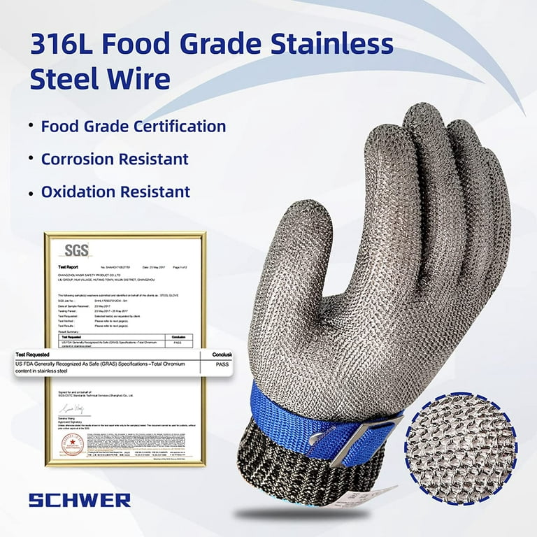 Schwer Cut Resistant Glove-Stainless Steel Wire Metal Mesh Butcher Safety Work Glove for Meat Cutting, Fishing (Large)