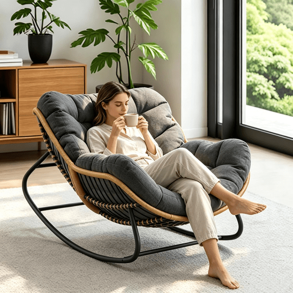 Oversized Egg Shaped PE Rattan Papasan Rocking Chair, 5 Inch Thick Cushion Indoor Outdoor Leisure Rocker for Living Room Bedroom Balcony