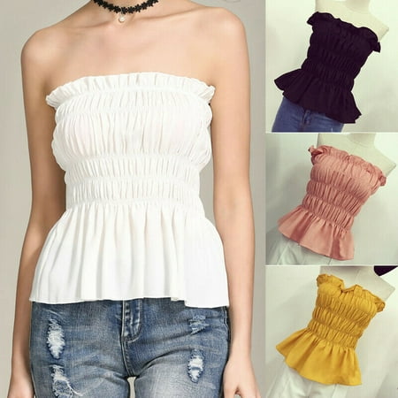 2019 summer Fashion Women sexy sleeveless blouses strapless Off Shoulder Casual slim solid ruffles sexy short shirts blouses