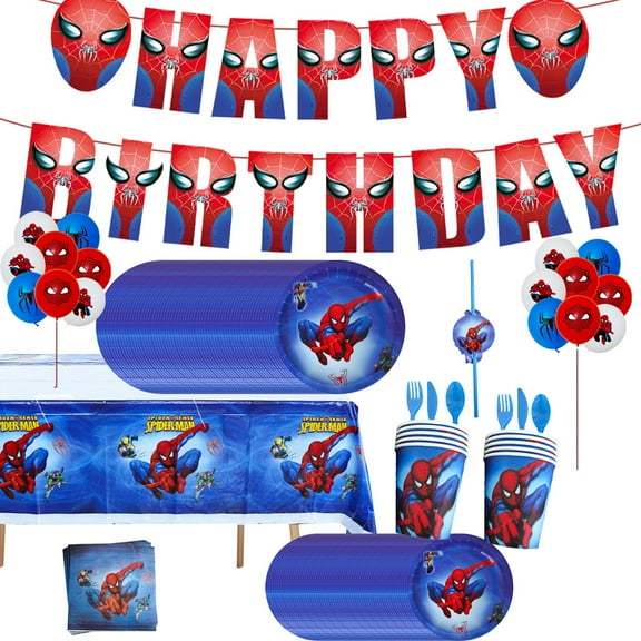 Spiderman cartoon anime birthday party supplies birthday decorations, cartoon theme party favors including banners, plates, cups, napkins, cutlery and tablecloths