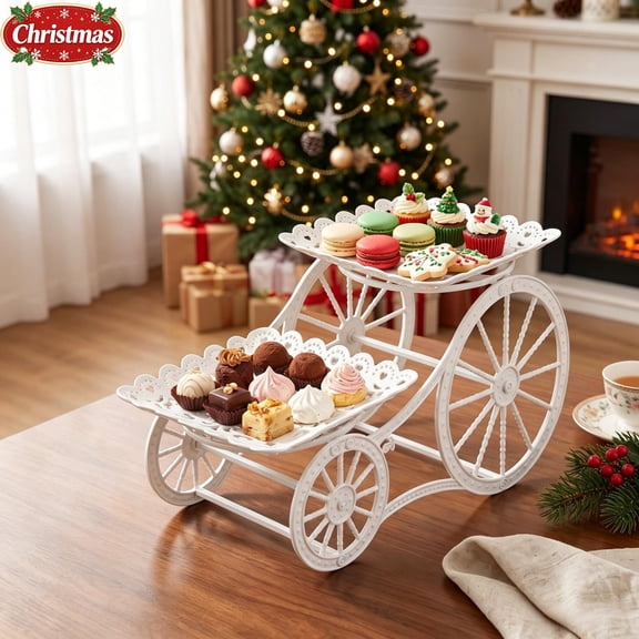 2-Tier White Cart Christmas Dessert Stand with Decor Wheels, Plastic Cupcake Holder Pastry Display Rack, Holiday Serving Tray for Cookies, Candy, Macarons, Xmas Party Buffet & Winter Tabletop Decor
