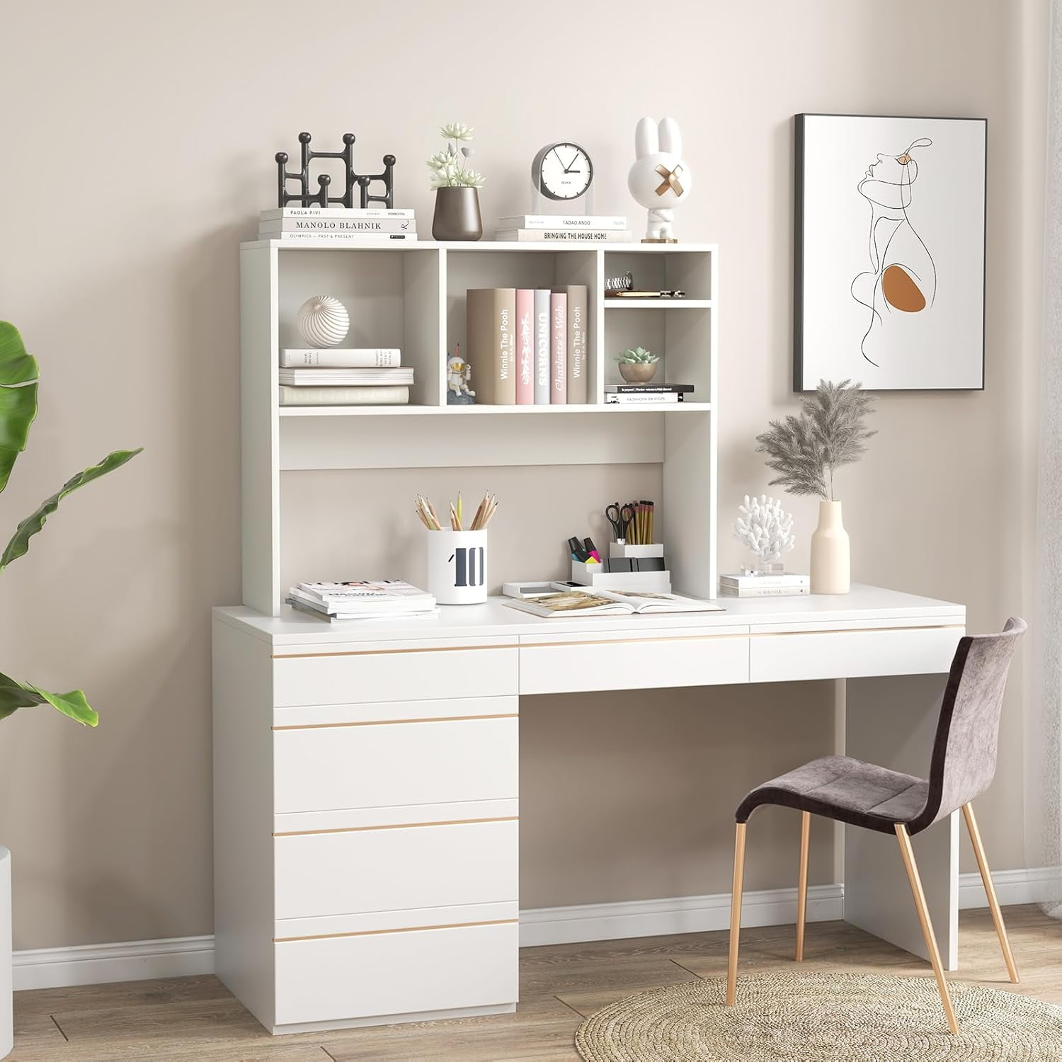 CRXX Desktop Bookshelf, Countertop Storage Hutch with 4 Shelves for Computer Desk, Dressing Tabletop Display Rack, Multipurpose Desk Hutch Storage Organizer for Home Office Dorm, White