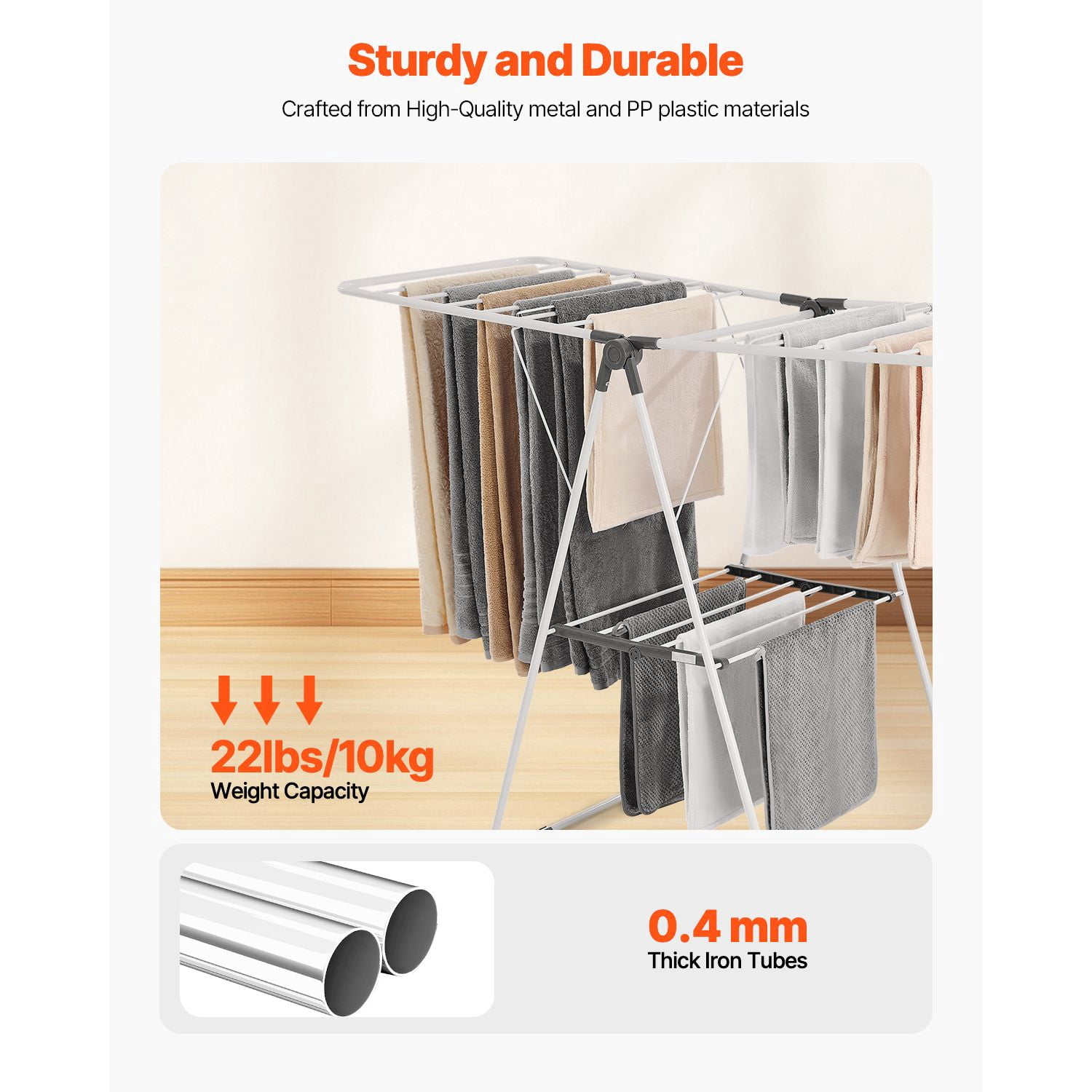 Adjustable Clothes Drying Rack, 2-Tier with 21 Hanging Rods, 22 lbs Capacity, Foldable, Sock Clips, for Laundry Room Balcony
