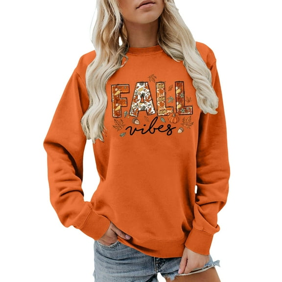 KHONTS Fall Sweatshirts for Women Autumn Graphic Printed Pullover Tops Long Sleeve Casual Fashion T Shirts Orange XL
