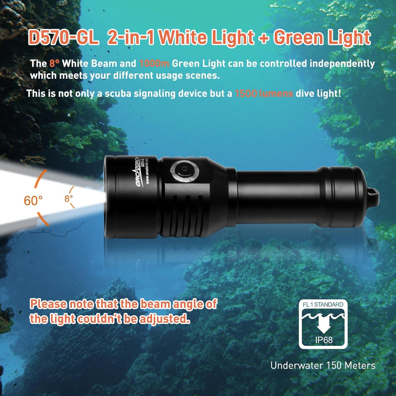 ORCATORCH D570-GL 2.0 Scuba Diving Signal Light 1500 Lumens Underwater Flashlight, 1000M Green Beam and White LED Combo, Rechargeable Battery for Night Dive Training Instructor Cave Exploration