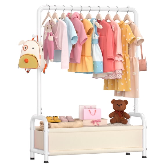 UNTIMATY Kids Clothing Rack with Storage Shelf, Baby Garment Rack for Hanging Clothes, Kids Dress Up Rack Storage for Coats with 2 Hangers, White