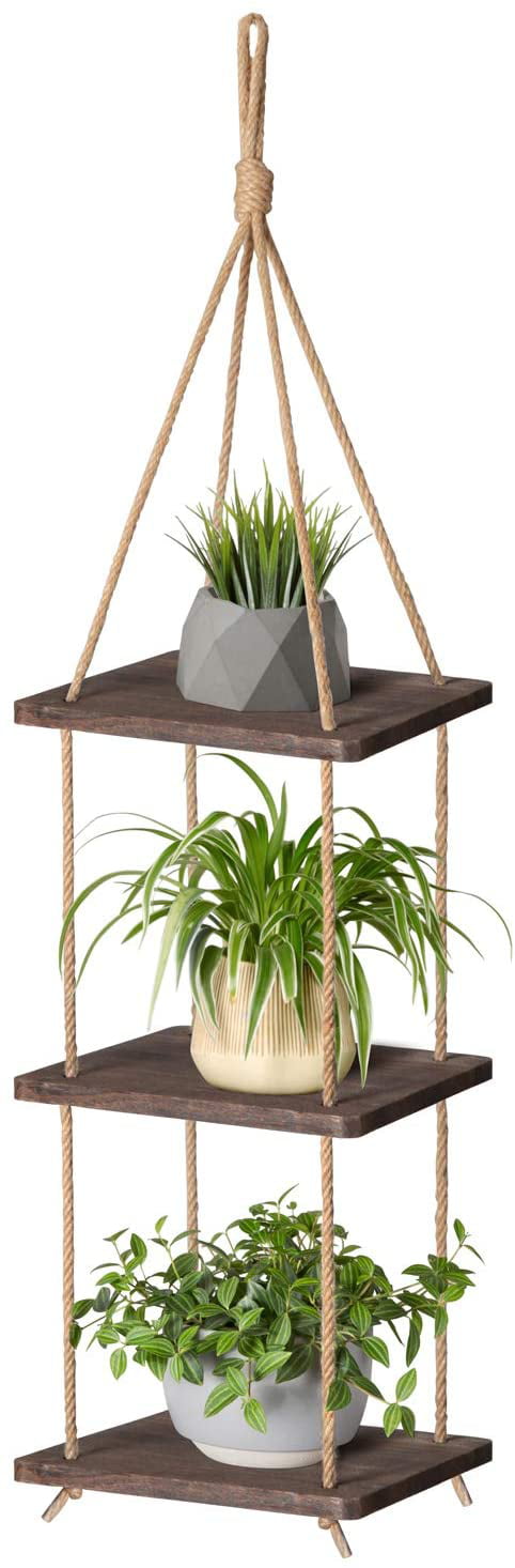 Lacegre Wooden Storage Board Flower Pot Rack Wall Shelf Home Decor with Hanging Rope Fire Pit & Outdoor Fireplace Parts 