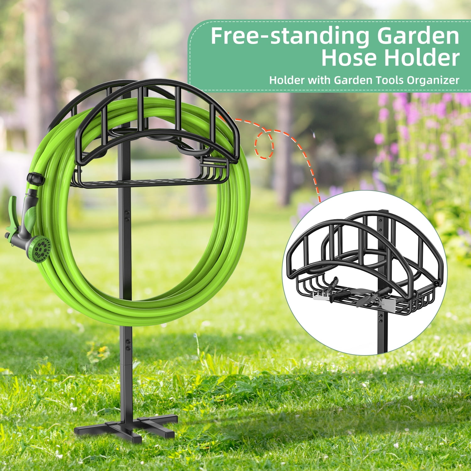 Garden Hose Holder, Water Hose Stand Freestanding Metal Hose Hanger with Tool  Storage Basket, 4 Spikes Detachable Heavy Duty Hose Storage Stand for  Outdoor 