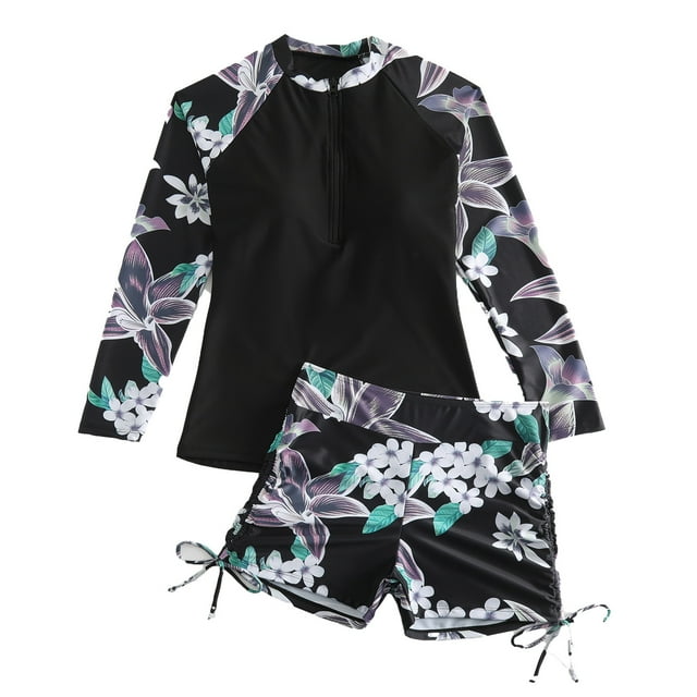 Product Category Rash Guards Swimwear Womens UPF 50+ Long Sleeve Surfing Two Piece Swimsuit with Built In Bra for Water Activities