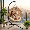 thumbnail image 4 of Folding PE Rattan Hanging Egg Chair with Stand, Yellow Indoor & Outdoor Hammock Swing Basket Chair, Aluminum Steel Frame for Patio, Balcony, Backyard, Bedroom, 4 of 7
