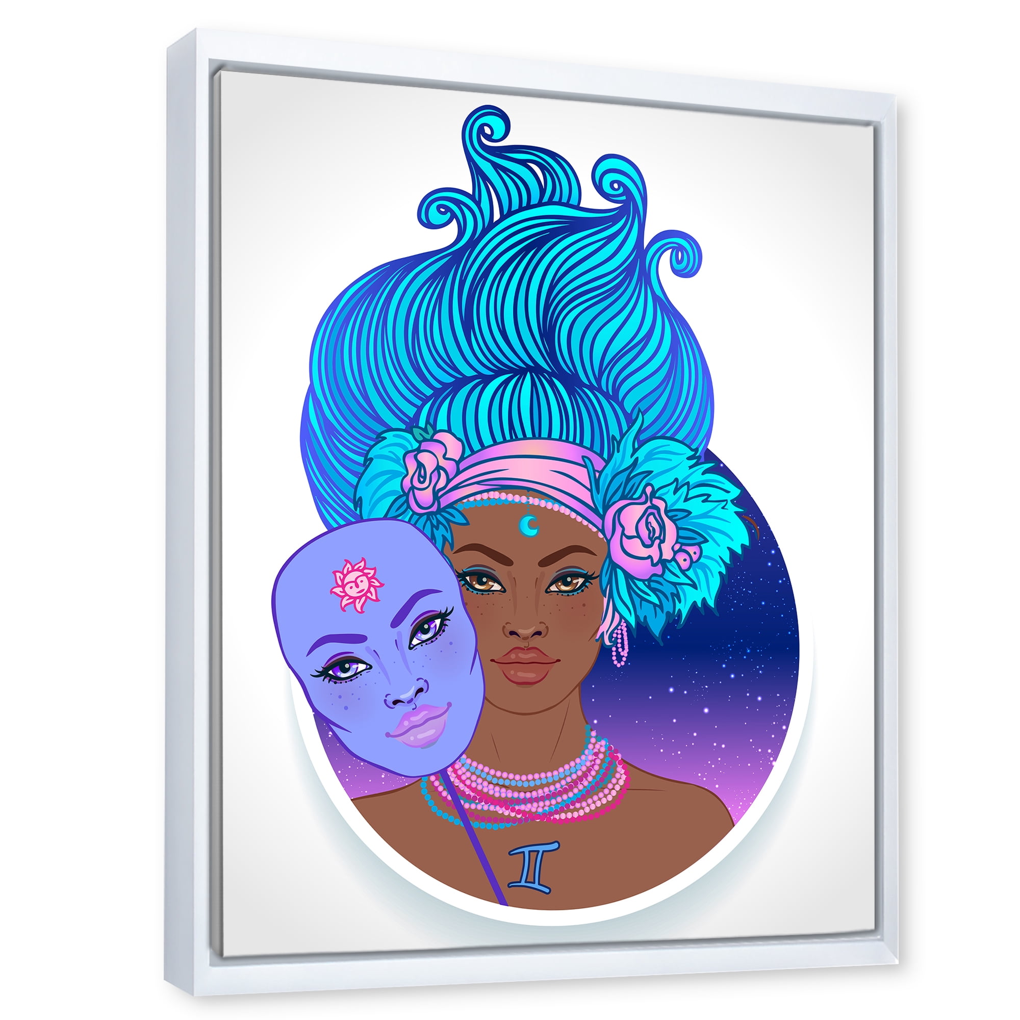 Designart 'Portrait of Afro American Girl With Blue Hair II' Modern Framed Canvas Wall Art Print