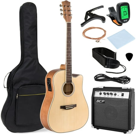 Hybrid Acoustic Electric Guitar - Best Choice Products 41in Full Size Acoustic Electric Cutaway Guitar Set with 10-Watt Amplifier, Capo, E-Tuner, Gig Bag, Strap, Picks (Natural)
