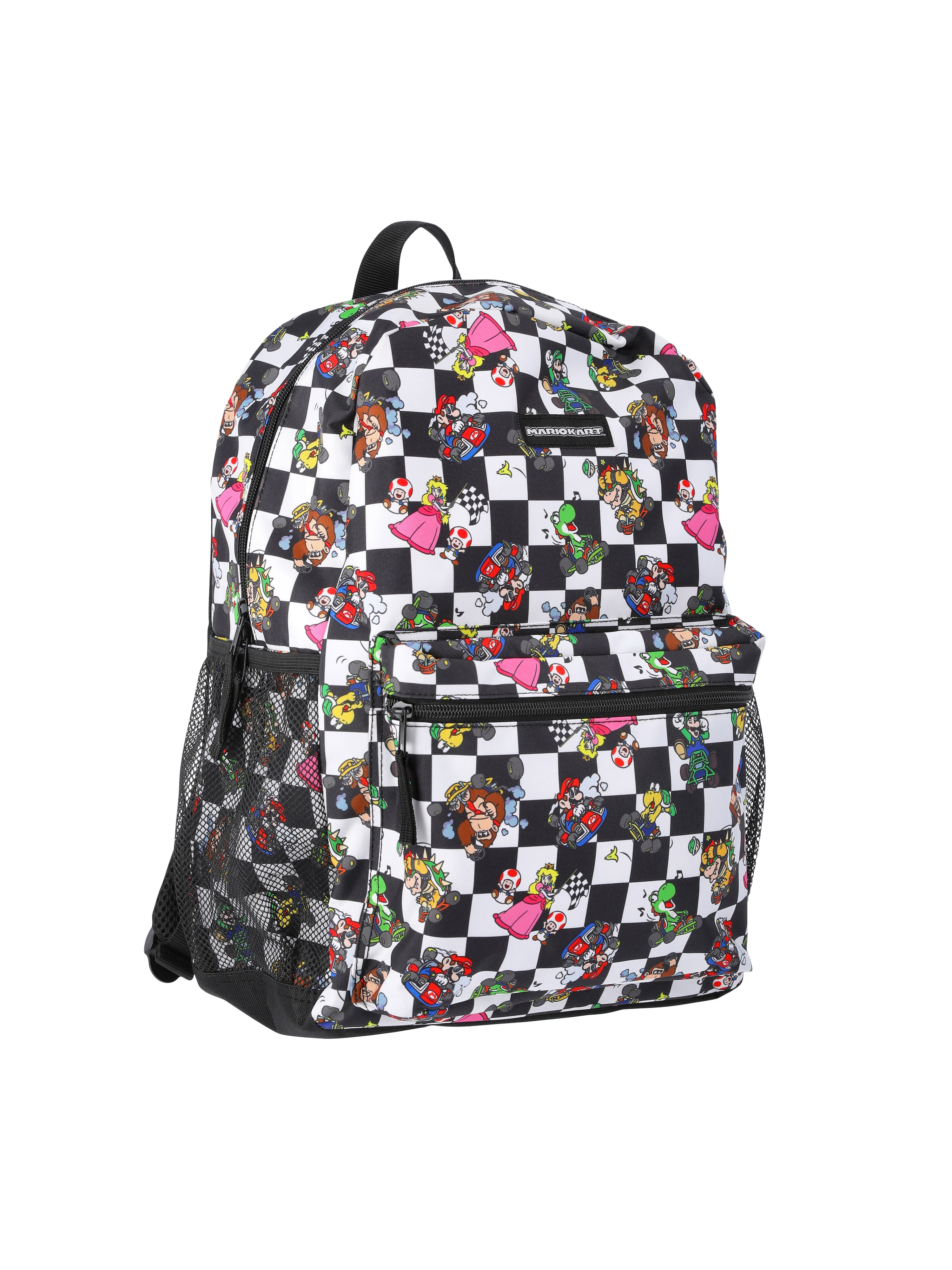 Nintendo Mario Kart  Boys' 17" Allover Print Checkered Backpack, Black/White