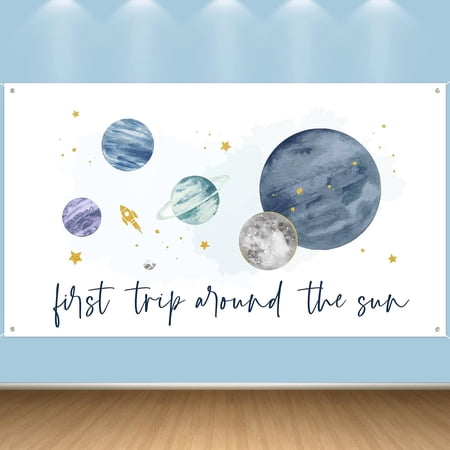 First Trip Around The Sun Space Birthday Party Groovy Backdrop Watercolor 1st Birthday Banner Extra Large Planets Background Banners Baby Shower Party Decor Supplies for Indoor Photo Booth Props
