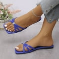 thumbnail image 5 of Women's Flat Sandals Summer Comfortable Square Open Toe Slip On Leather Slide Sandals Blue 5.5, 5 of 7