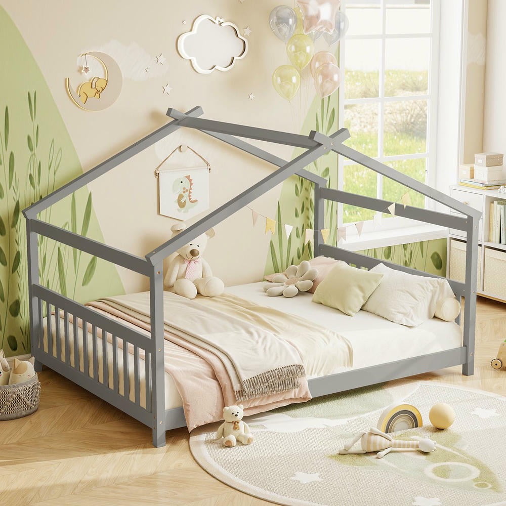 Barara King Full Size House Bedroom Bed Frame with Headboard, Montessori Floor Bed Platform Frame for Apartment, Bedroom, Gray