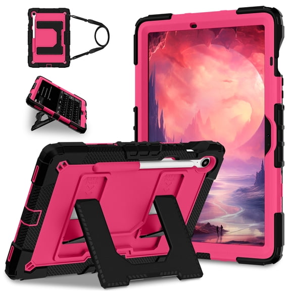 ELEHOLD Rugged Case For Samsung Galaxy Tab S10 FE/S9 FE/S9 / S10 Lite 2025 , Heavy Duty Shockproof Foldable Kickstand Drop Protection Cover with Shoulder Strap, Black Rose