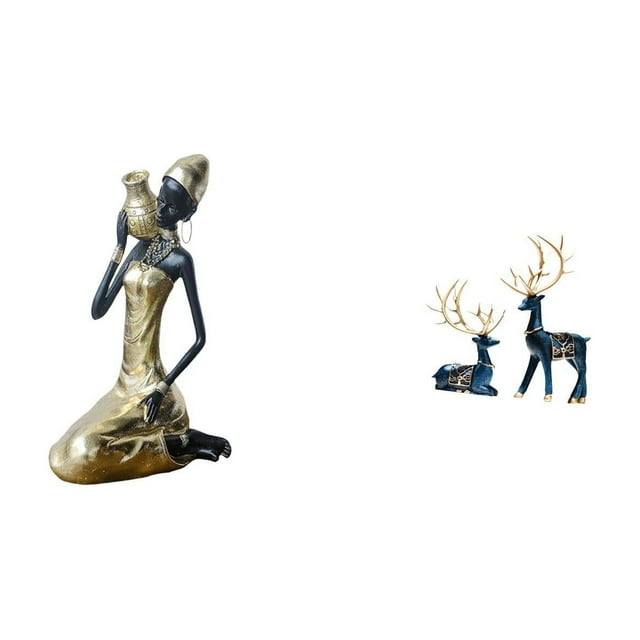 Estatua De Mujer Tribal Africana Y Reno, Decoración De Mesa, Pieza De Arte Coleccionable Hecha A Mano, Adorno De Resina Para Estudio, Sala De Estar, Oficina, Decoración Multiusos Para El