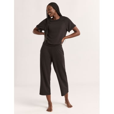 Joyspun Women's French Terry Short Sleeve Top and Capri Pants Set, 2-Piece, Sizes XS-3X