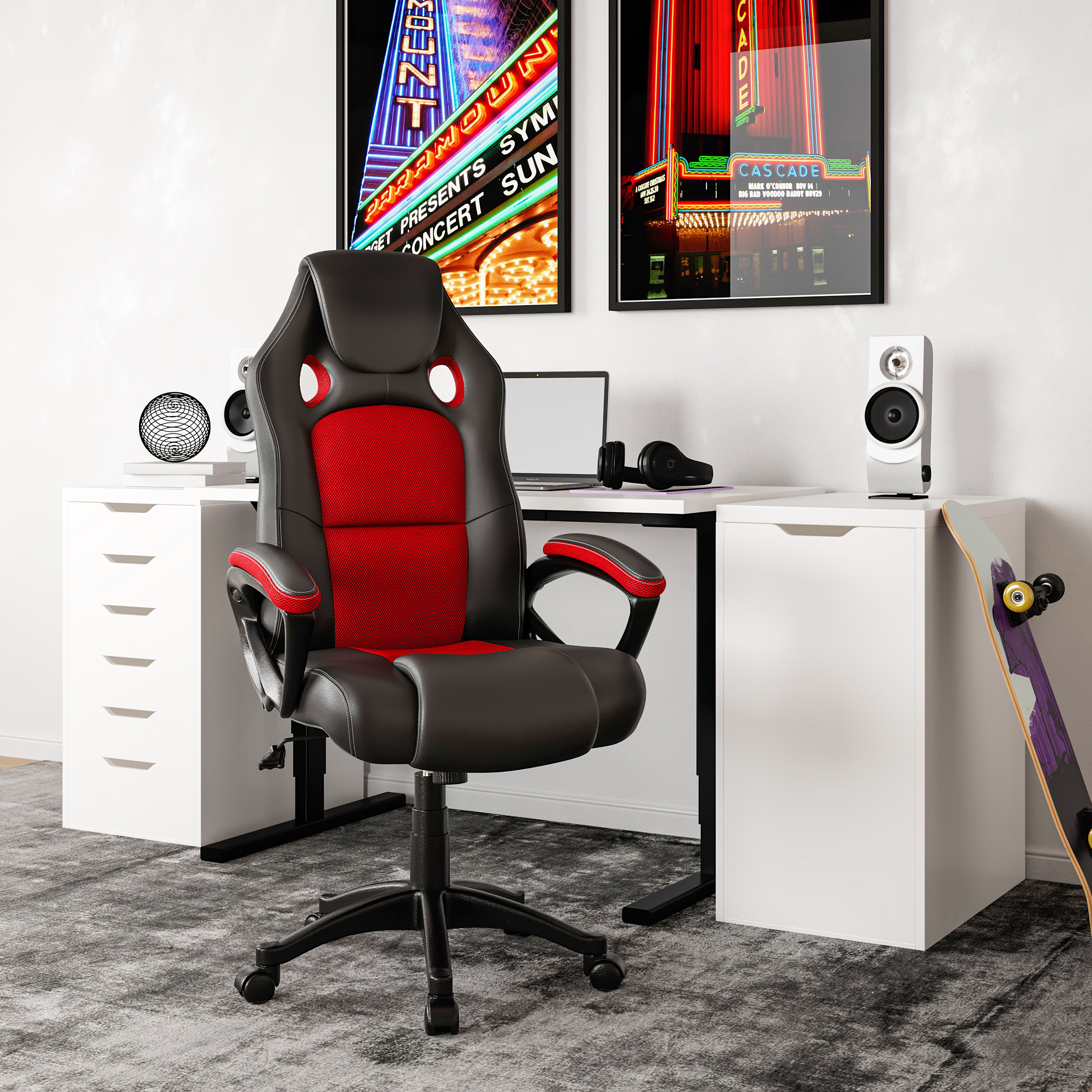 OFM Essentials Collection High Back Leather Gaming Chair Padded Loop Arms in Red for sale online 