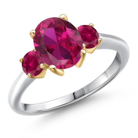 Gem Stone King 925 Silver and 10K Yellow Gold Red Created Ruby Engagement Ring for Women | 2.50 Cttw | Oval 9X7MM | Gemstone July Birthstone | Size 7