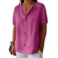 thumbnail image 5 of Yigetop Cotton Linen Tops for Women, Linen Shirts for Women Summer Cotton Linen V Neck Short Sleeve Tops Loose Vacation Beach Solid Blouses Tunic Tops Linen Tops for Women Loose Fit Pink S, 5 of 10