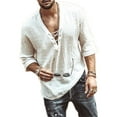 thumbnail image 1 of ZAXARRA Chemises Hippies pour Hommes en Coton et Lin à Manches 3/4 Solides V Hauts de Cou, 1 of 7