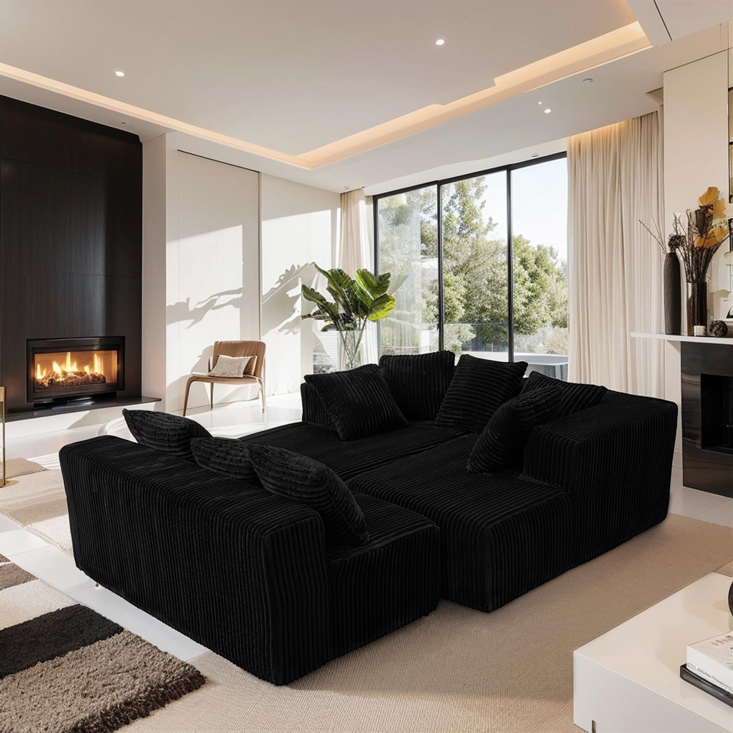 Demi Bonn 130" Modular U-Shaped Sectional Sofa, 4-Seater Chaise Lounge Couch with Reversible Corduroy Fabric for Living Room, Bedroom, Black