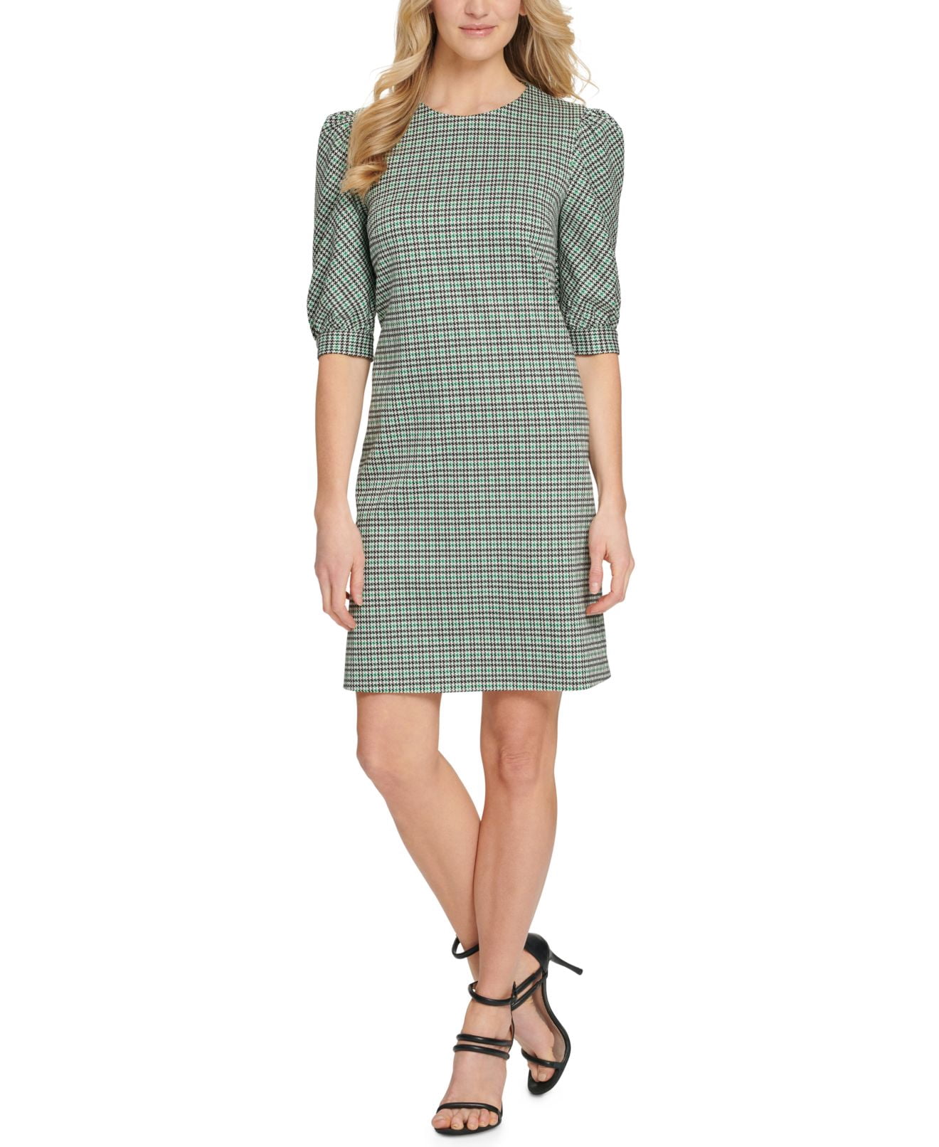 DKNY Womens Houndstooth Puff-Sleeve 