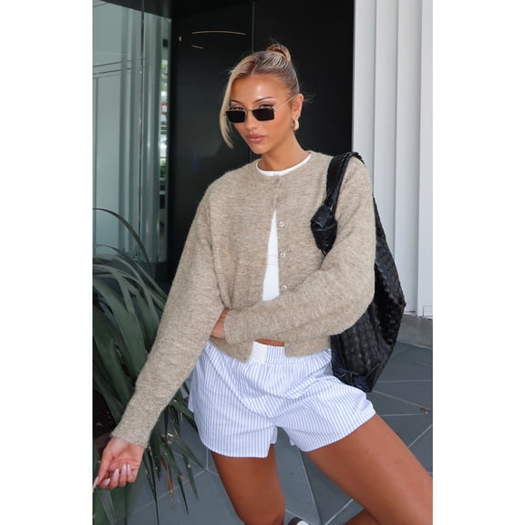 Button Down Cropped Cardigan Sweater (S, Beige)