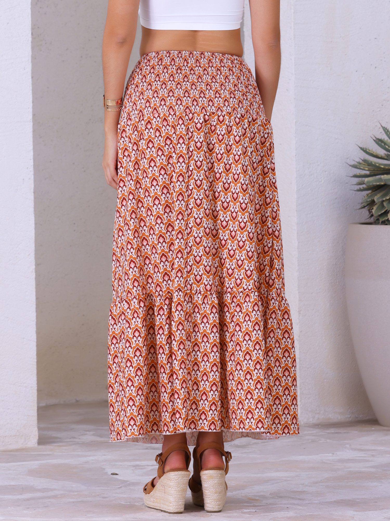 DARING DIVA Women's Summer Smocked Waist Flowy Maxi Skirts XS Orange Floral