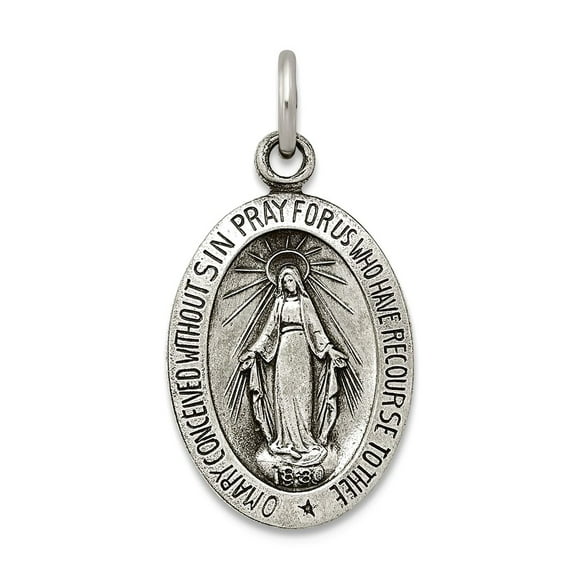 925 Sterling Silver Solid Satin Oxidized Not engraveable Antiqued Immaculate Conception Medal Pendant Necklace 20x10mm W