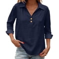 thumbnail image 2 of ManxiVoo V Neck Button Down Blouse for Women 3/4 Sleeve Cotton Linen Shirt Breezy Summer Tops Relaxed Fit Casual Office Wear XXL Size Navy, 2 of 9