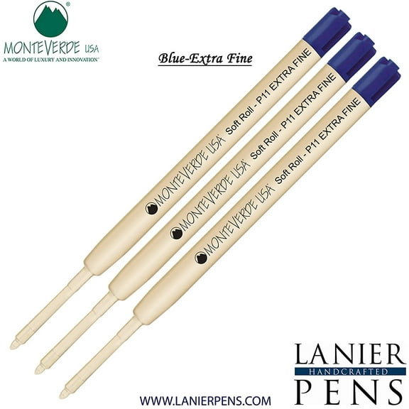 Lanier Combo Pack - 3 Pack - Monteverde Soft Roll Extra Fine Ballpoint P11 Paste Ink Refill Compatible with most Parker Style Ballpoint Pens - Blue (Extra Fine Tip 0.5mm)
