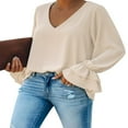 thumbnail image 1 of CNKOO Women‘s V Neck Ruffled Long Flared Sleeve Blouses Casual Loose Tops Sizes S-2XL, 1 of 8