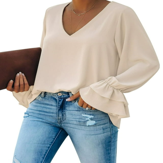 CNKOO Women‘s V Neck Ruffled Long Flared Sleeve Blouses Casual Loose Tops Sizes S-2XL