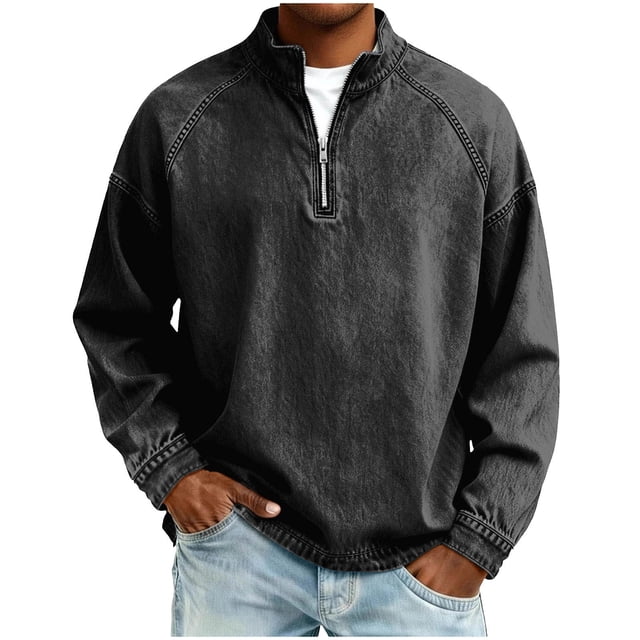 Hombres Zip Up Sudadera con Capucha de Pie Cuello Lavado Denim Afligido Medio Cremallera Manga Larga Casual Superior Poliéster Mezcla Chaqueta