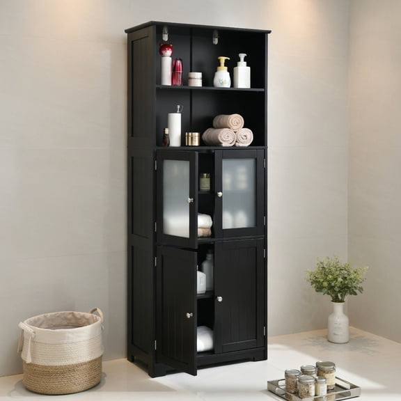 Resenkos 6 Tier Freestanding Bathroom Storage Cabinet, Cabinet with 2 Open Compartments and Adjustable Shelves, Storage Organizer with Tempered Glass Doors and Anti-Toppling design for Home, Black